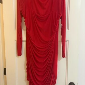 PrettyLittleThing Red Long Sleeve Draped Dress